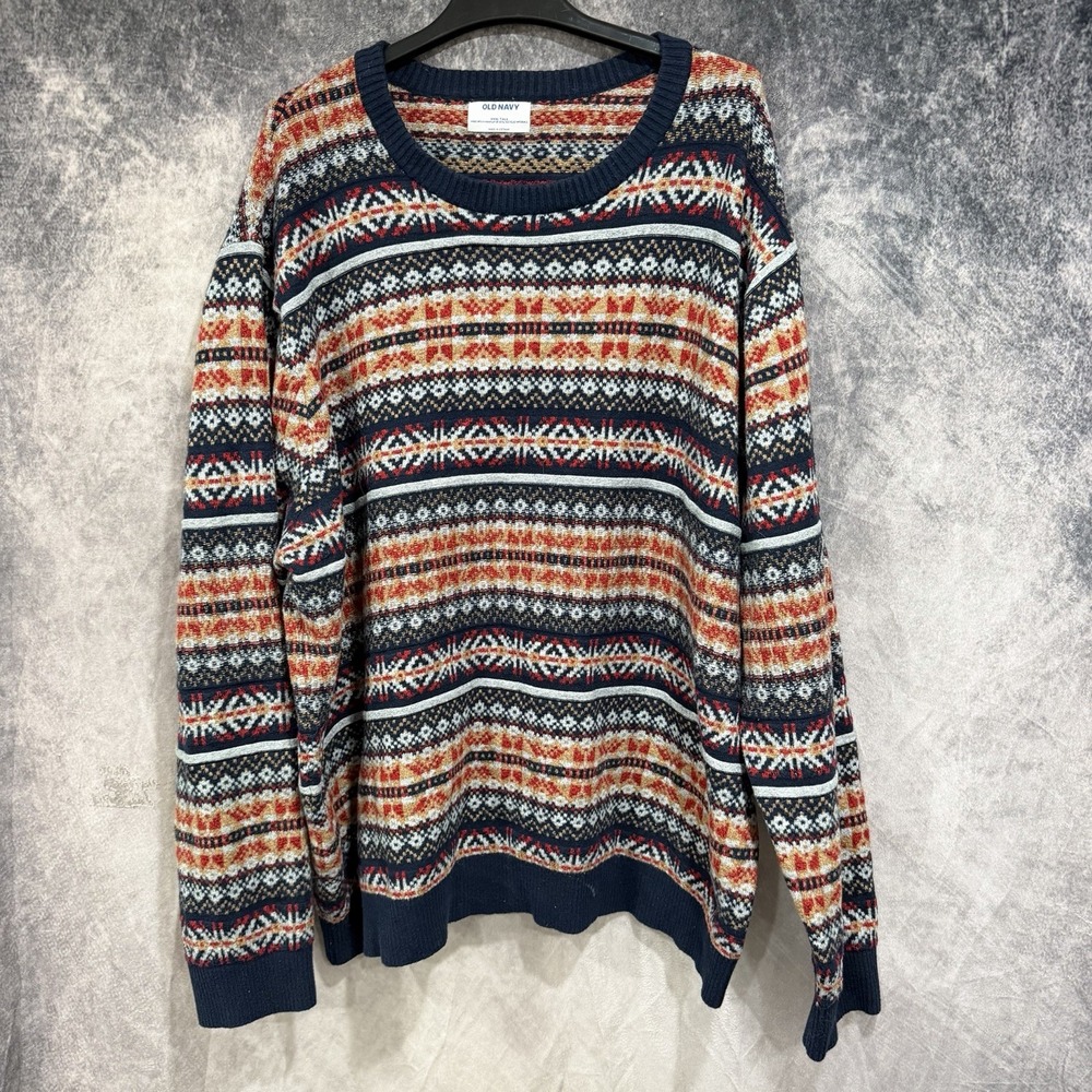 Old Navy Men's XXXL Tall Fair Isle Sweater Navy Red Tan Crewneck Nordic